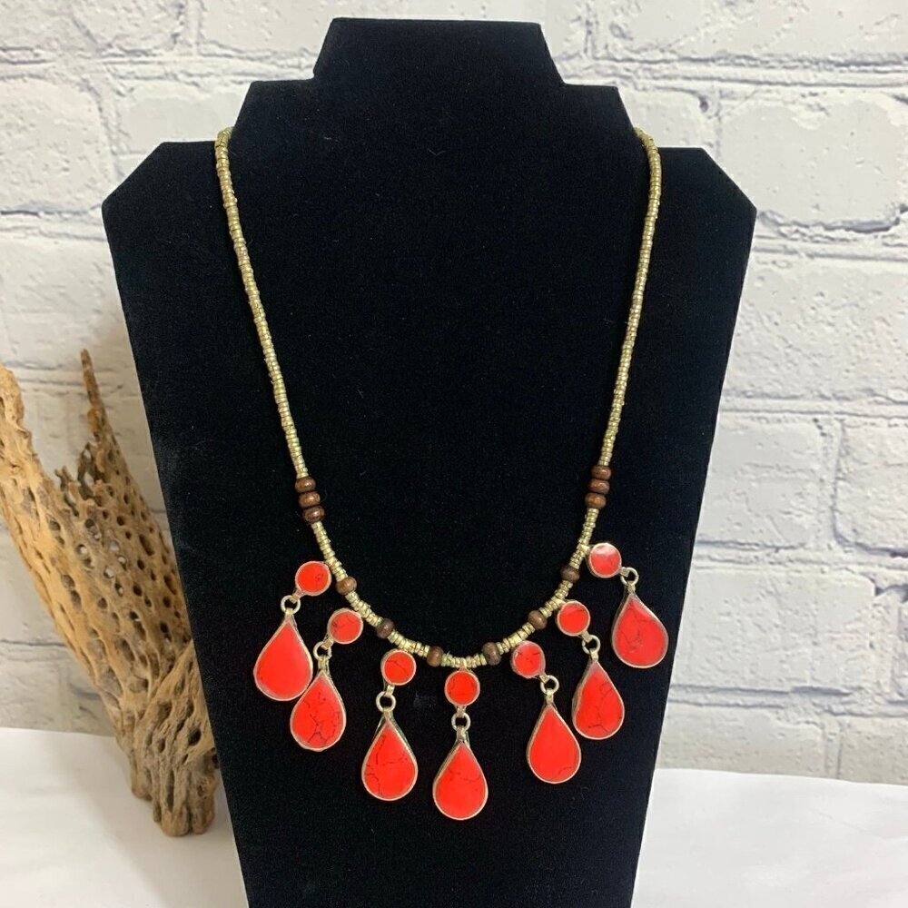Vintage Afghan Red Coral Inlay Necklace